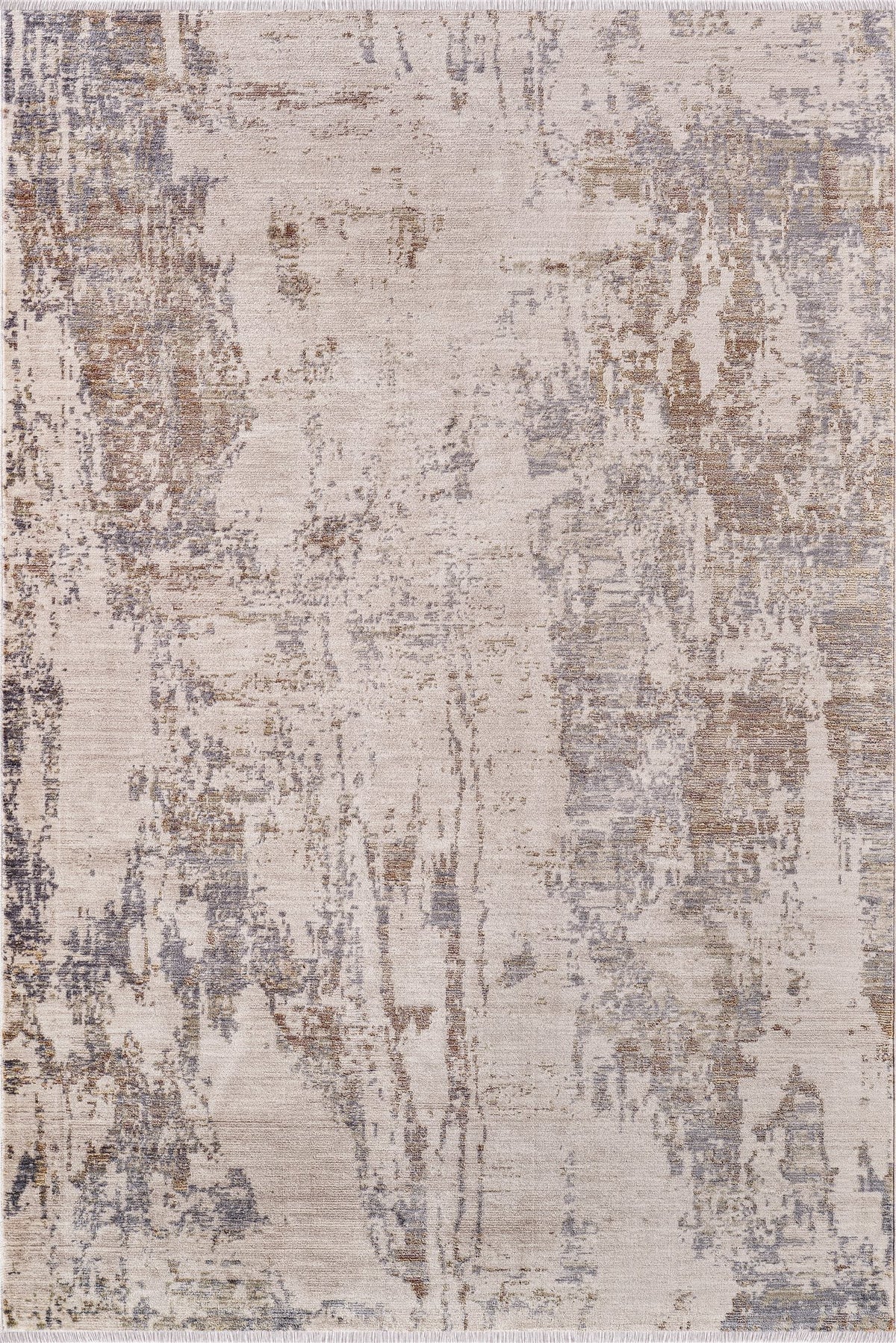 Royal Halı Sakura GK20A krem ve bej zeminli gri-mavi ve taba fırça darbeli soyut eskitme kendinden saçaklı modern halı