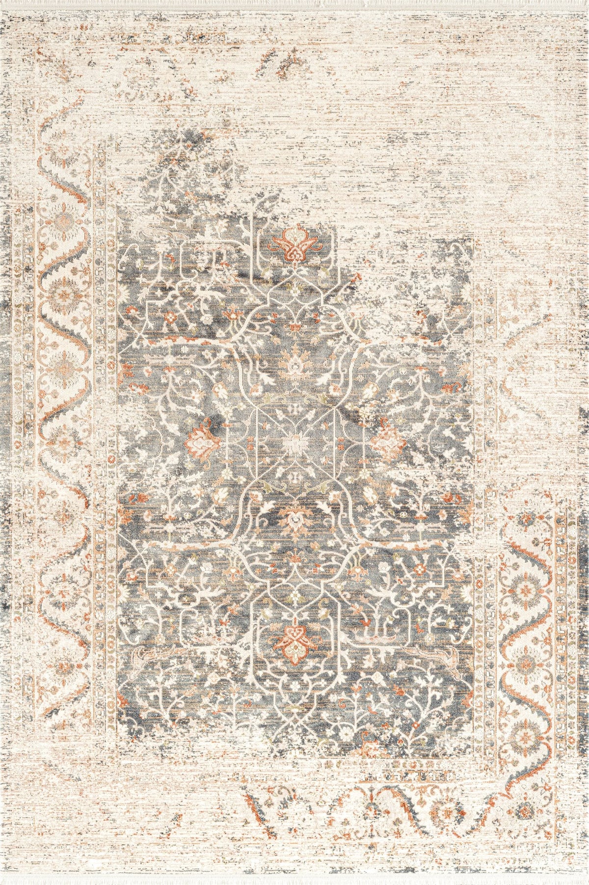 Royal Halı Bearny JH03A antrasit zeminli krem çerçeveli soluk eskitme klasik İran madalyon desenli ipeksi halı