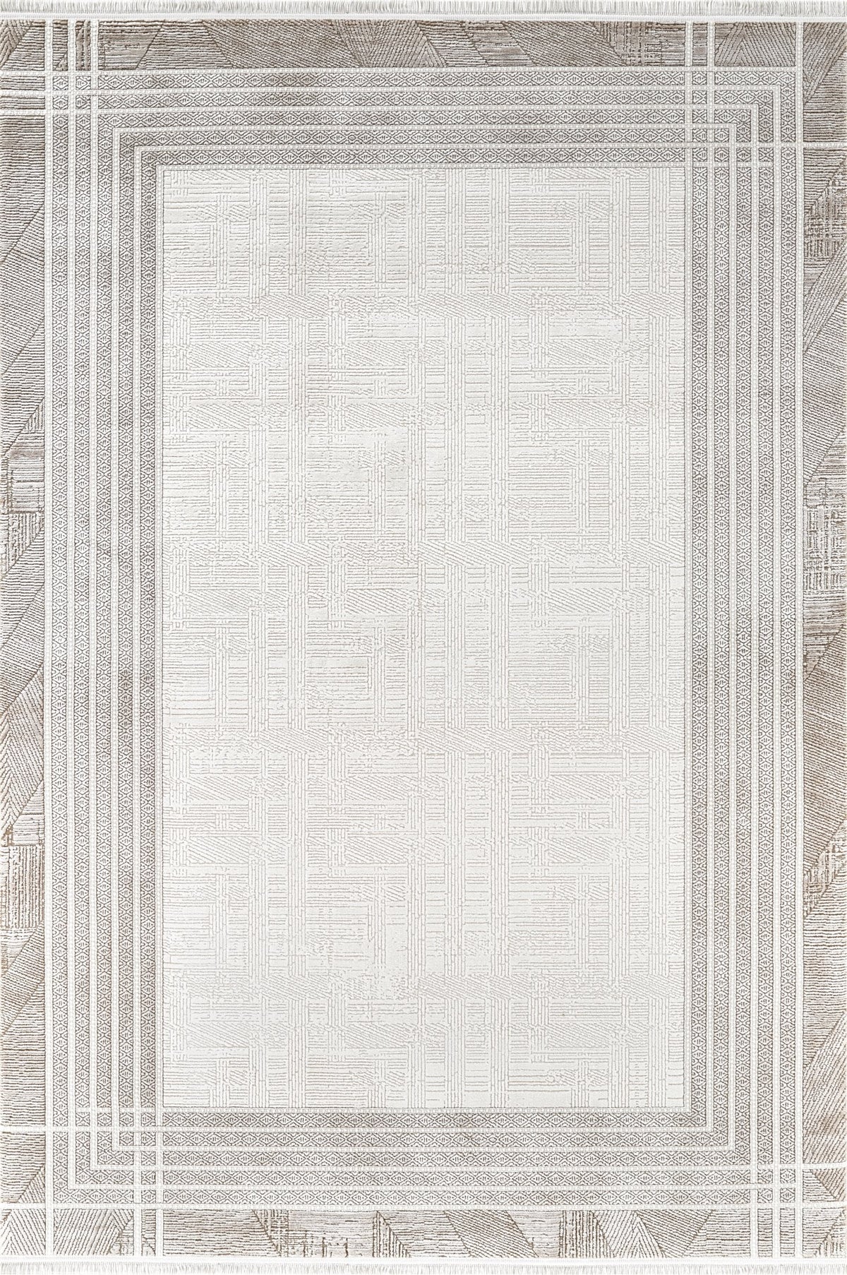 Royal Halı Kim Royal KC34A krem ve bej zeminli kabartma geometrik desenli etnik çerçeveli modern halı
