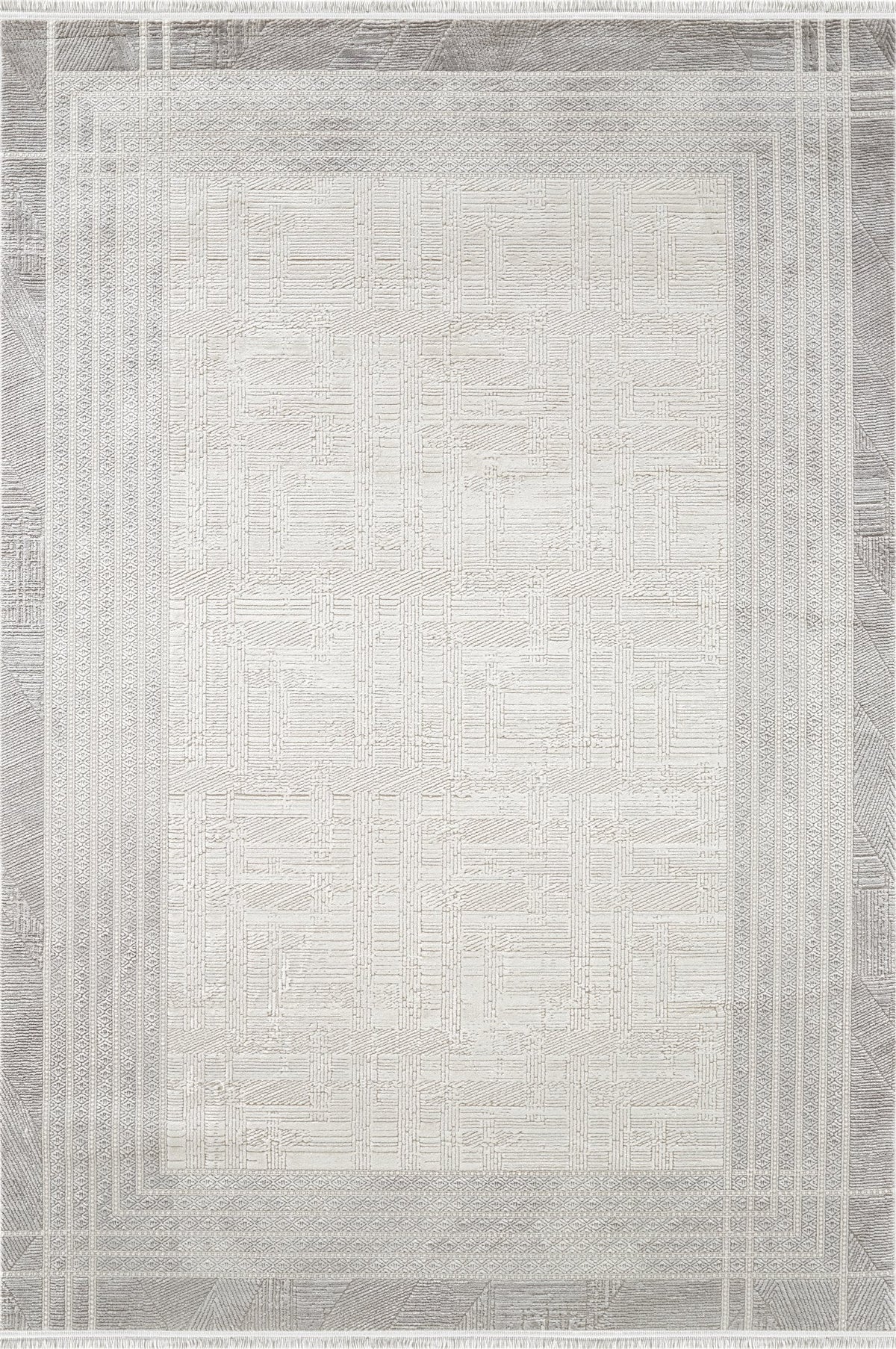 Royal Halı Kim Royal KC34B krem ve gri zeminli kabartma geometrik desenli etnik çerçeveli modern halı