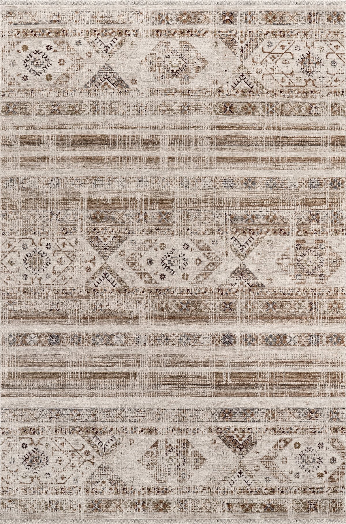 Royal Halı Armonika YT11A bej zeminli etnik bantlı eskitme kilim desenli kendinden saçaklı halı