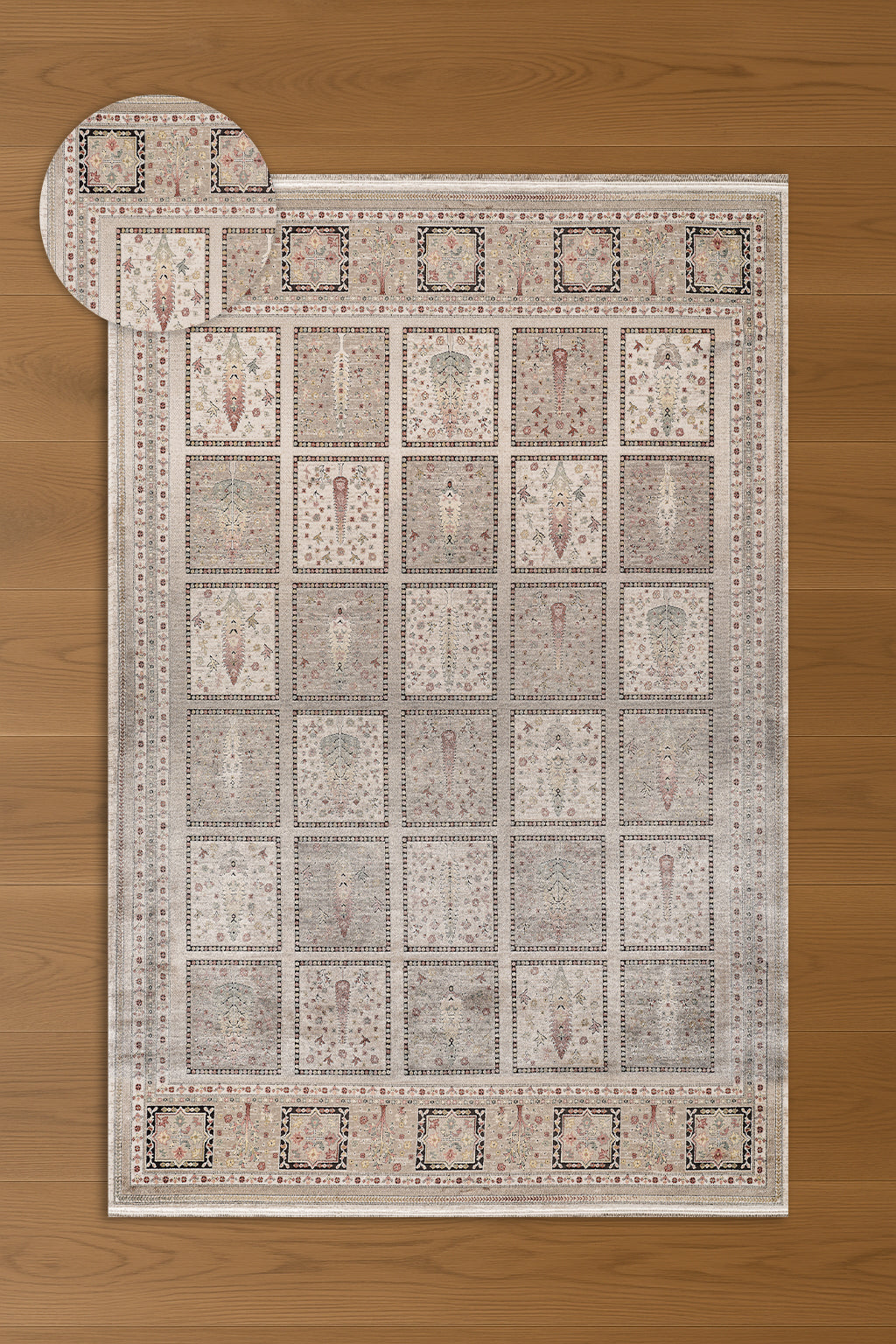 Atlas Halı Degrade DG01A – Bej Gri Klasik Bahçe Panel Desenli Halı