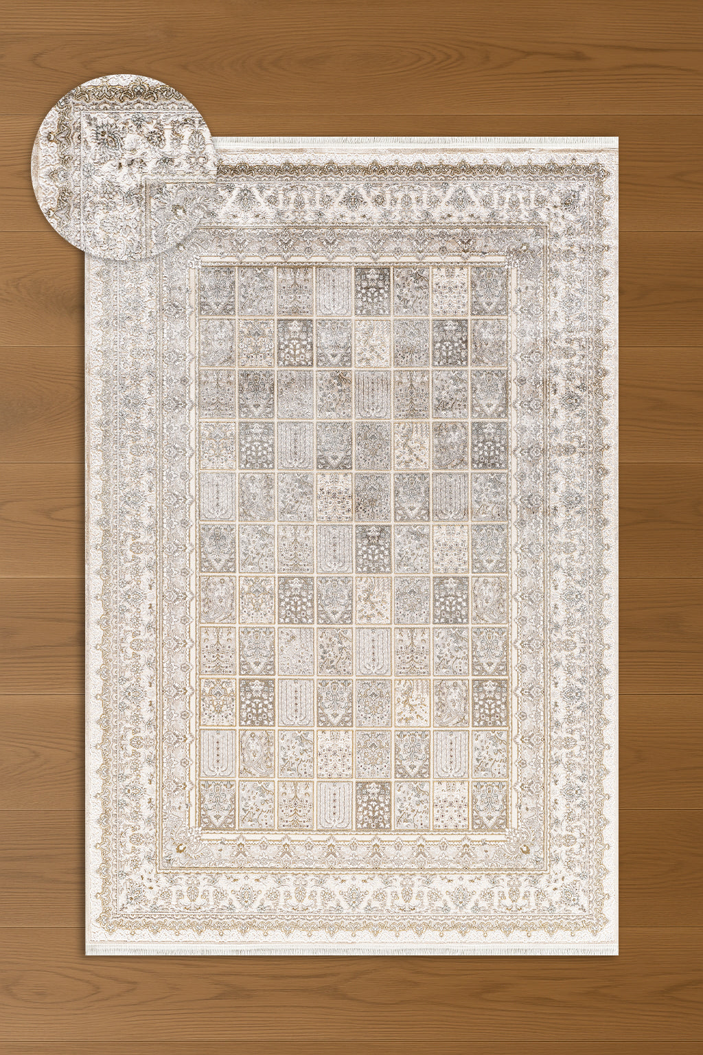Atlas Halı Hisar HZ09A – Krem Gri Klasik Bahçe Panel Desenli Halı