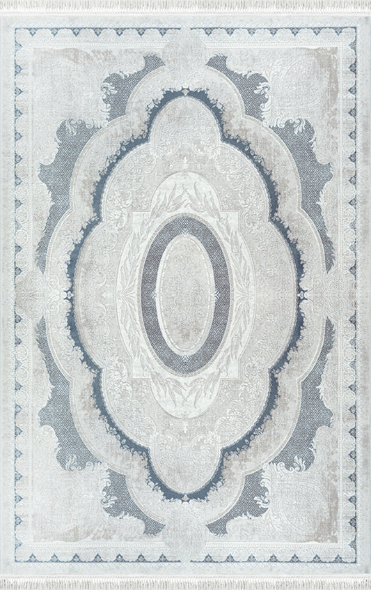 Merinos Halı Rodin 19774 036 Krem Mavi – Madalyonlu Klasik Halı