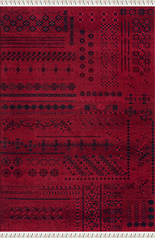 Kırmızı zeminli etnik patchwork desenli Pierre Cardin HY08A vintage salon halısı