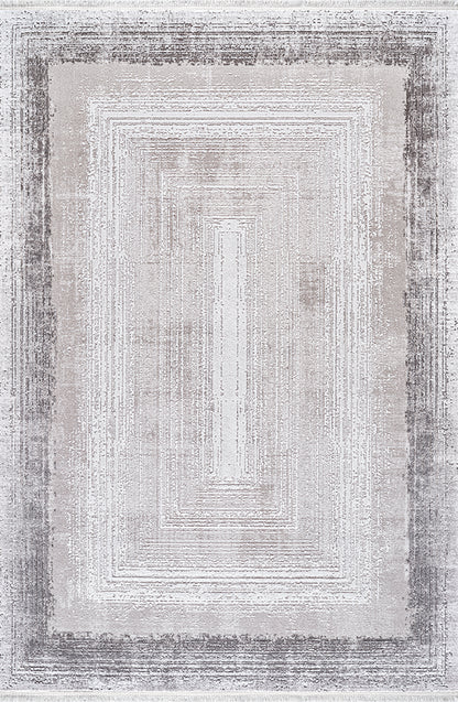 Pierre Cardin ALEGRA GD12A gri zeminli, antrasit bordürlü iç içe çerçeve desenli modern halı