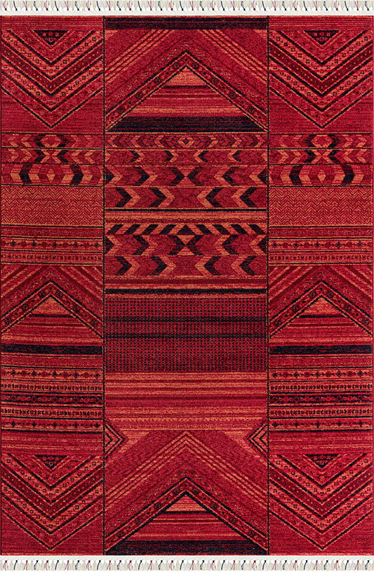 Pierre Cardin HISTORY HY09A kırmızı zemin üzerine siyah etnik geometrik desenli patchwork halı