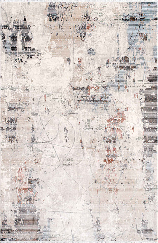 Pierre Cardin PARLA KP06A krem zeminli soyut eskitme desenli modern halı, açık mavi ve tarçın tonlu detaylar