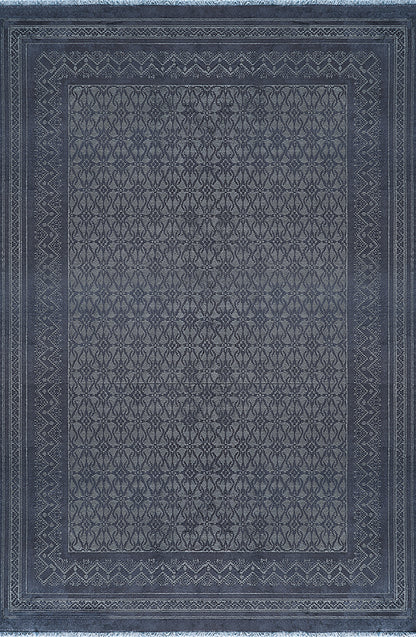 Pierre Cardin Rölyef FY06A lacivert zeminli geometrik desenli halı, çok katmanlı bordür detayı