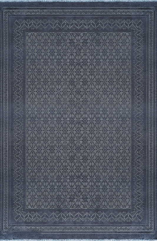 Pierre Cardin Rölyef FY06A lacivert zeminli geometrik desenli halı, çok katmanlı bordür detayı
