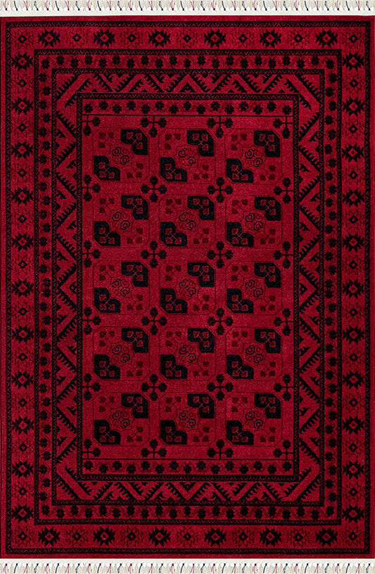 Pierre Cardin HY01A kırmızı zeminli siyah etnik geometrik desenli klasik halı