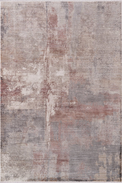 Royal Halı Sakura GK01A bej ve gri zeminli taba tonlu suluboya soyut eskitme desenli kendinden saçaklı modern halı