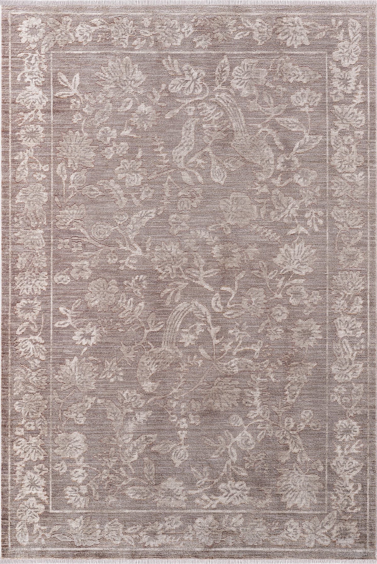 Royal Halı Sakura GK18A vizon ve bej tonlu tek renk çiçek ve kuş desenli kendinden saçaklı klasik halı