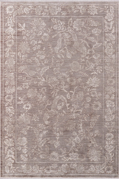 Royal Halı Sakura GK18A vizon ve bej tonlu tek renk çiçek ve kuş desenli kendinden saçaklı klasik halı