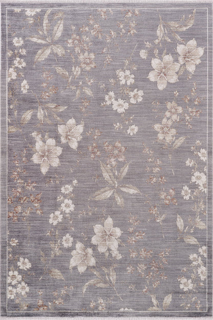 Royal Halı Sakura GK21A lila-gri zeminli krem sakura çiçekleri ve dal desenli çerçeveli kendinden saçaklı romantik halı