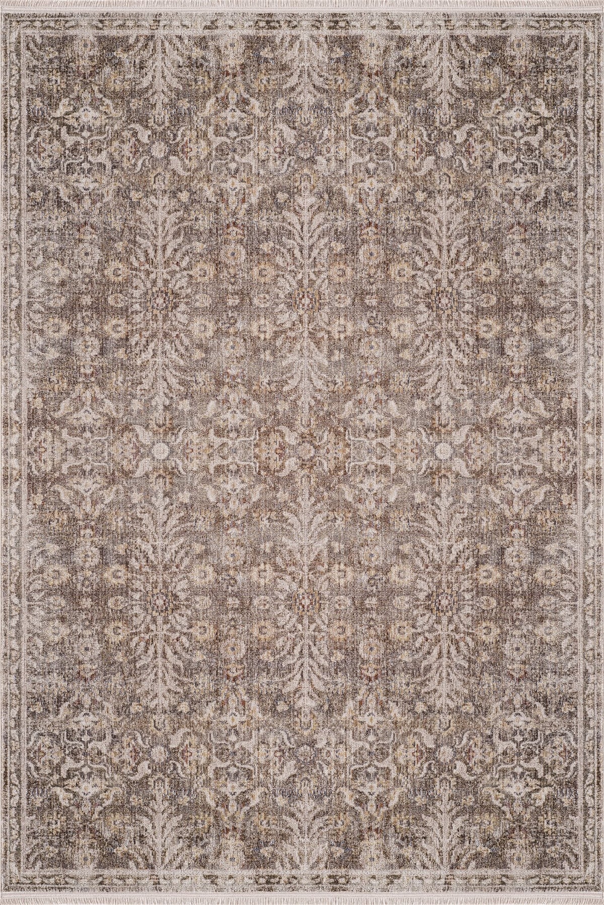 Royal Halı Sakura GK25A kahve ve vizon zeminli eskitme all-over damask çiçek desenli kendinden saçaklı klasik halı