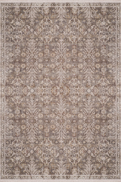 Royal Halı Sakura GK25A kahve ve vizon zeminli eskitme all-over damask çiçek desenli kendinden saçaklı klasik halı
