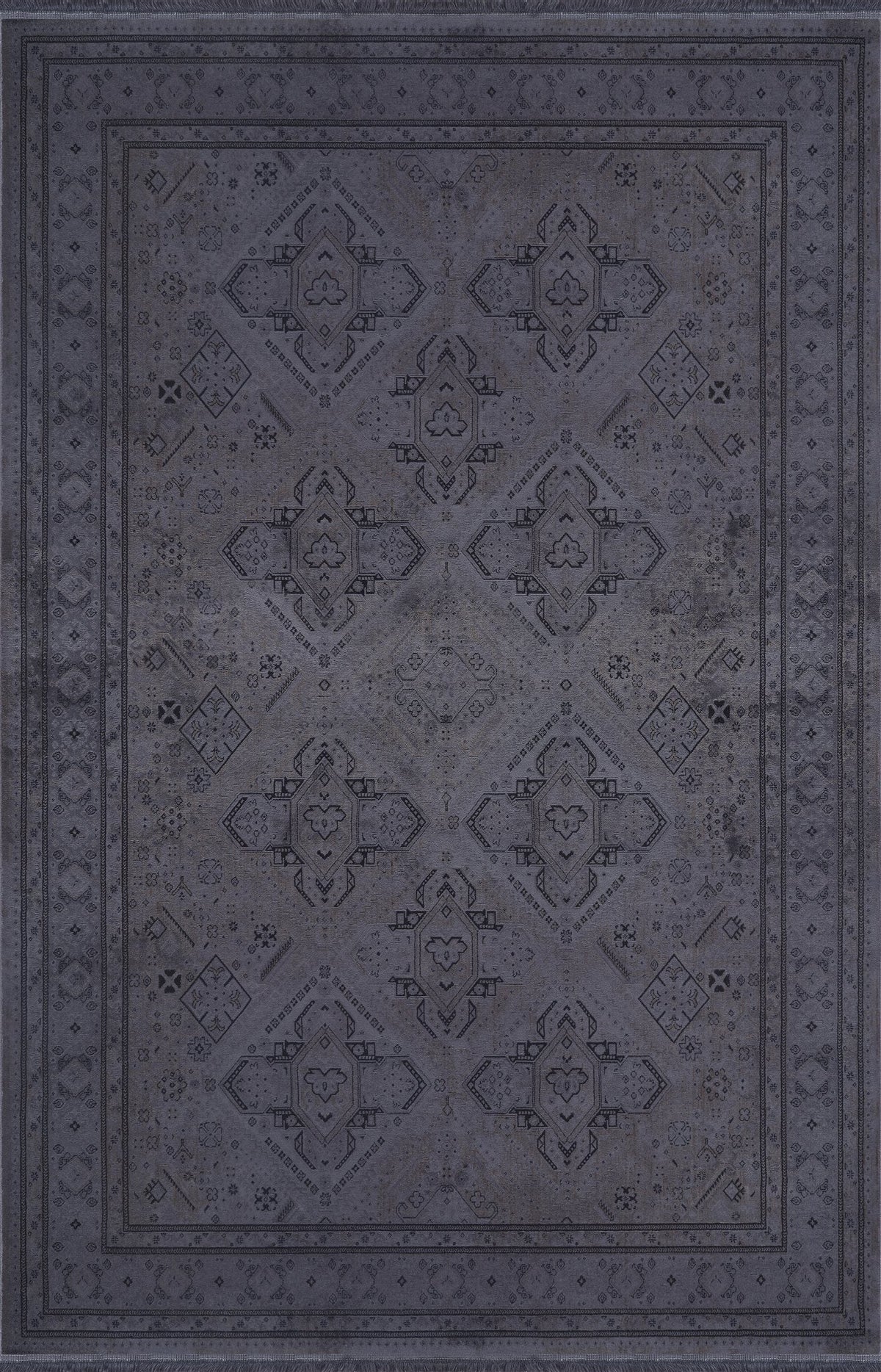 Royal Halı Prime IY01A antrasit zeminli Anadolu geometrik madalyon desenli bordürlü eskitme halı