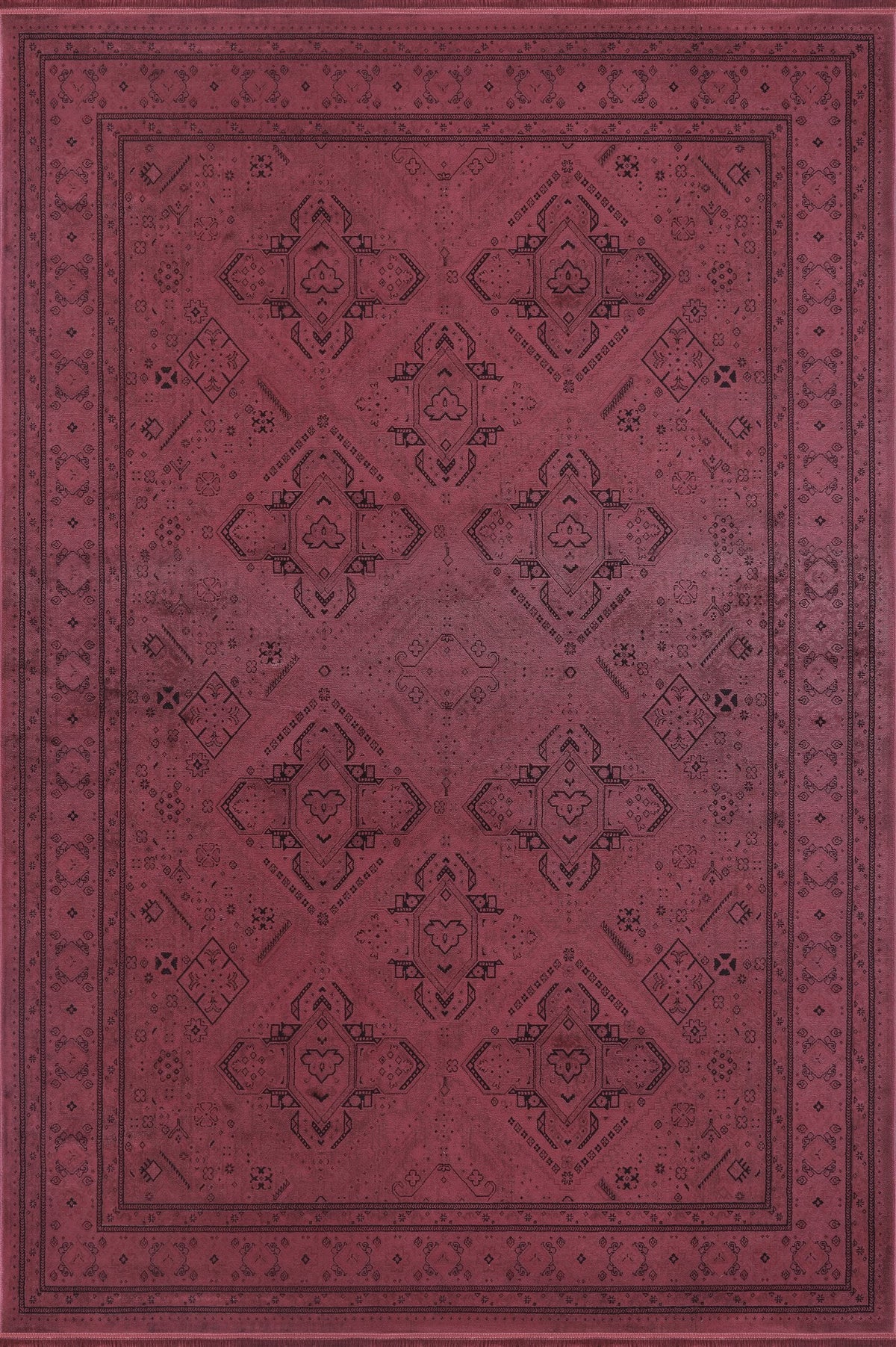 Royal Halı Prime IY01B bordo zeminli Anadolu geometrik madalyon desenli bordürlü eskitme halı