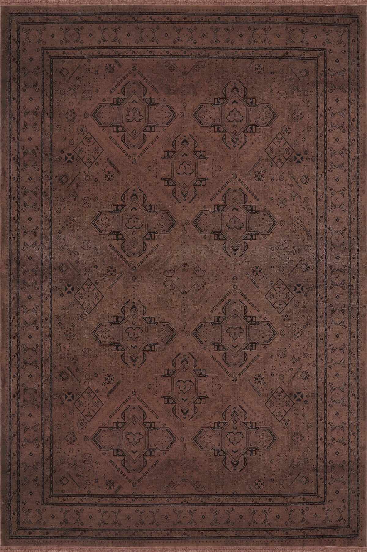 Royal Halı Prime IY01K kahve zeminli Anadolu geometrik madalyon desenli bordürlü eskitme halı
