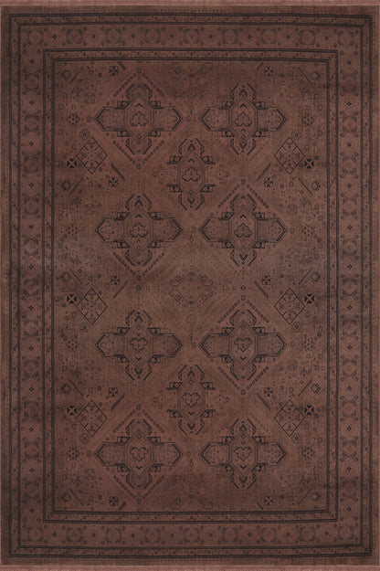 Royal Halı Prime IY01K kahve zeminli Anadolu geometrik madalyon desenli bordürlü eskitme halı
