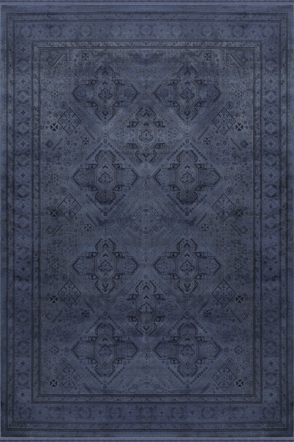 Royal Halı Prime IY01L lacivert zeminli Anadolu geometrik madalyon desenli bordürlü eskitme halı