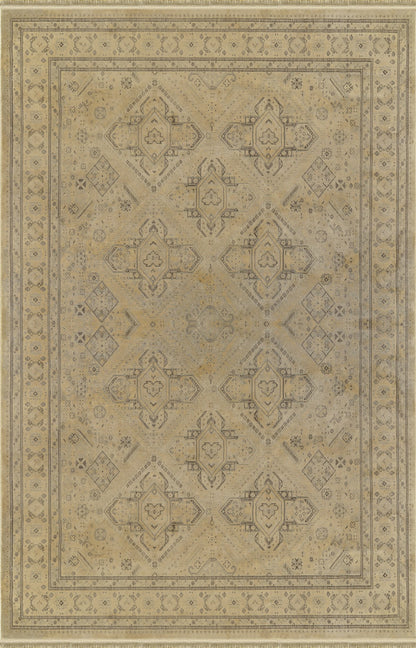 Royal Halı Prime IY03S bej ve haki zeminli Anadolu madalyon desenli bordürlü eskitme halı