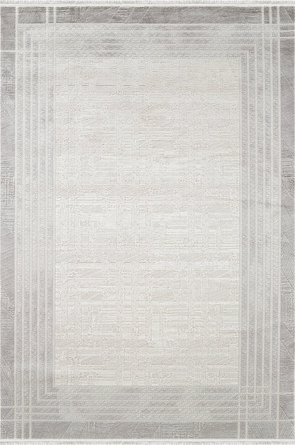 Royal Halı Kim Royal KC34B krem ve gri zeminli kabartma geometrik desenli etnik çerçeveli modern halı