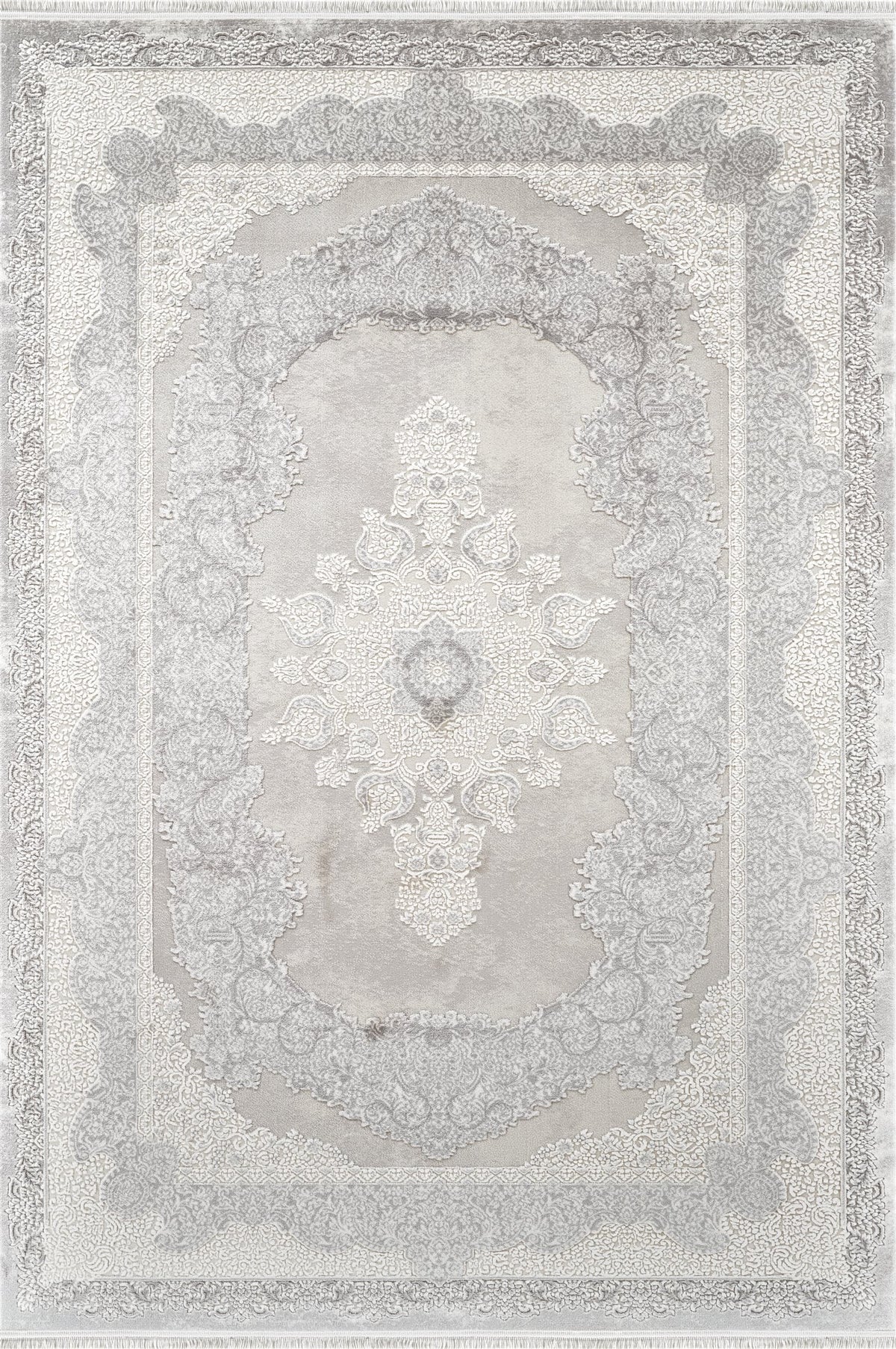 Royal Halı Kim Royal KC35A gri ve vizon zeminli ton üstüne ton kabartma klasik oval madalyon desenli halı