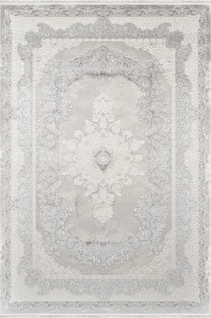 Royal Halı Kim Royal KC35A gri ve vizon zeminli ton üstüne ton kabartma klasik oval madalyon desenli halı