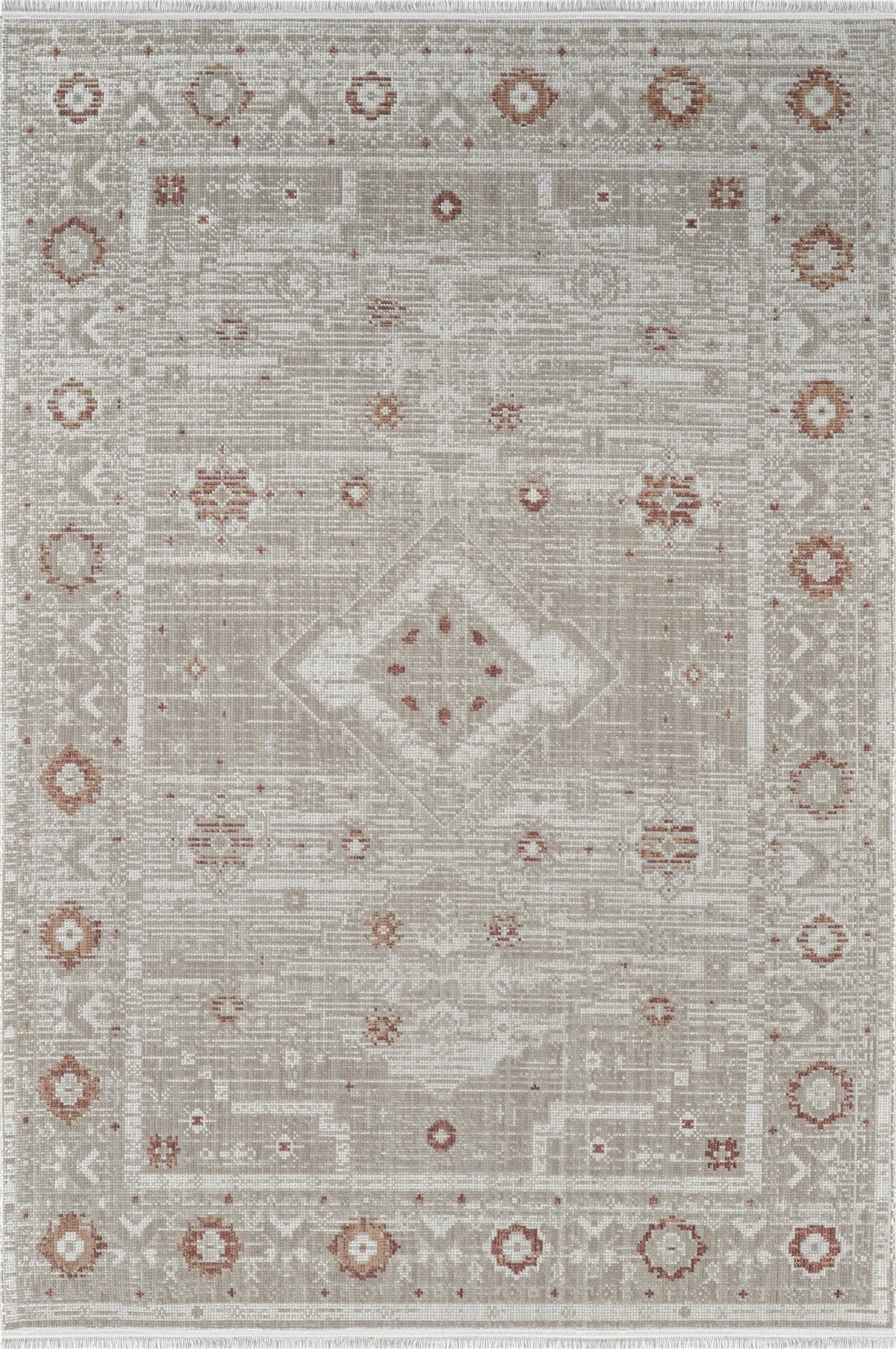 Royal Halı Lidya LW01B bej zeminli Kafkas geometrik madalyon ve kilim motifli kiremit vurgulu kendinden saçaklı halı