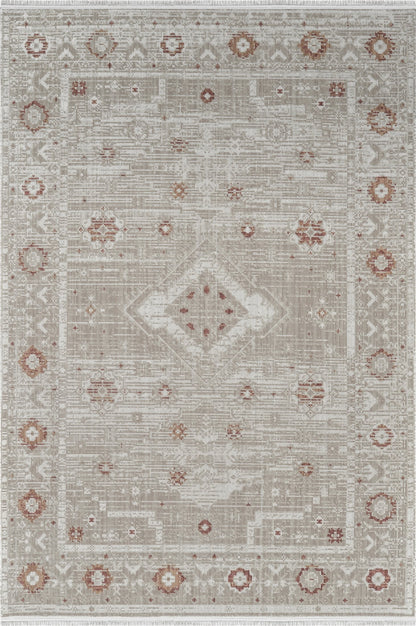 Royal Halı Lidya LW01B bej zeminli Kafkas geometrik madalyon ve kilim motifli kiremit vurgulu kendinden saçaklı halı