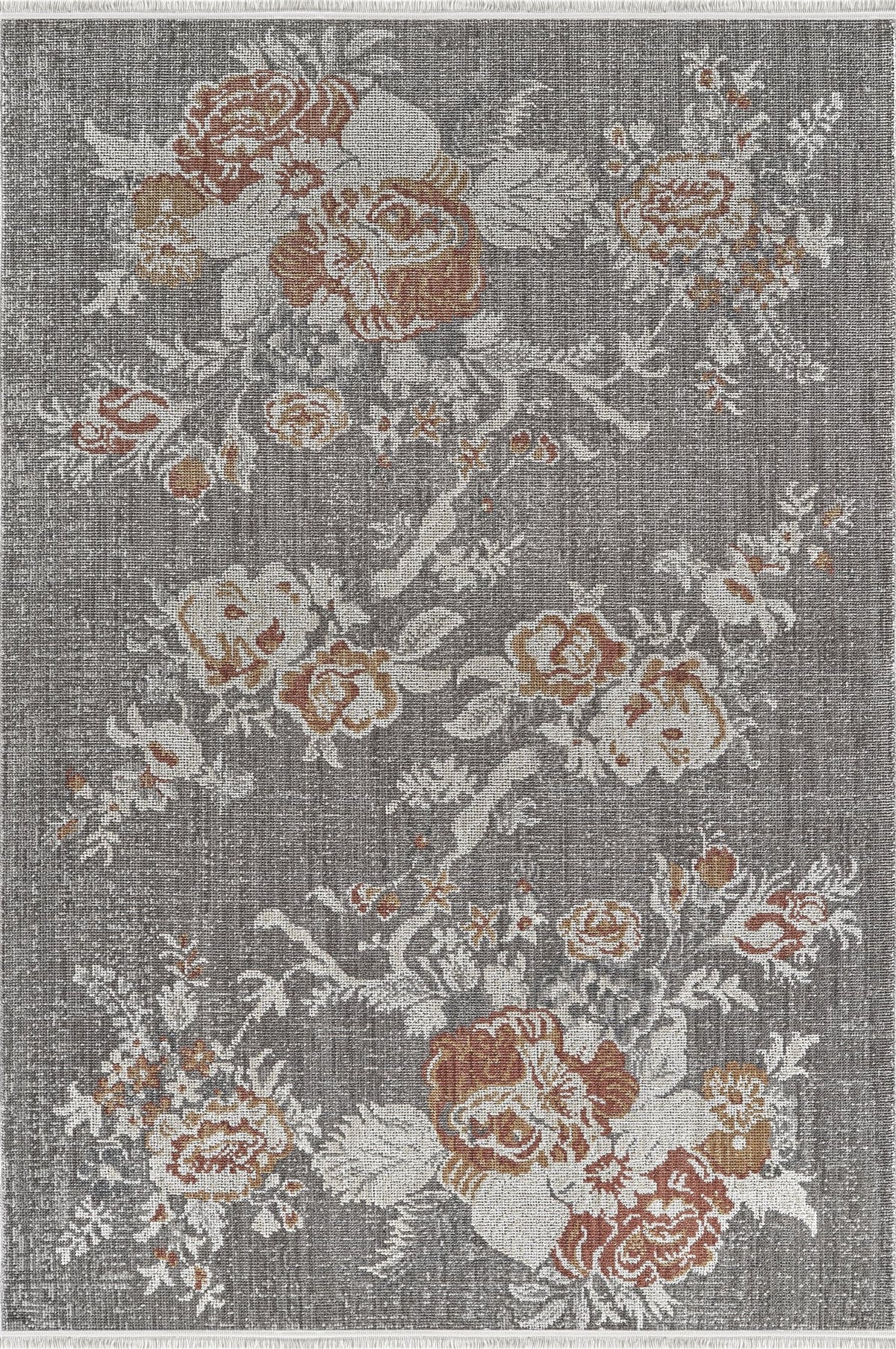 Royal Halı Lidya LW08A gri zeminli barok gül buketi çiçek desenli kiremit ve krem vurgulu kendinden saçaklı vintage halı