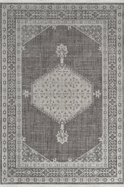 Royal Halı Lidya LW10A gri ve mürdüm zeminli klasik elmas madalyon oryantal desenli bordürlü kendinden saçaklı halı