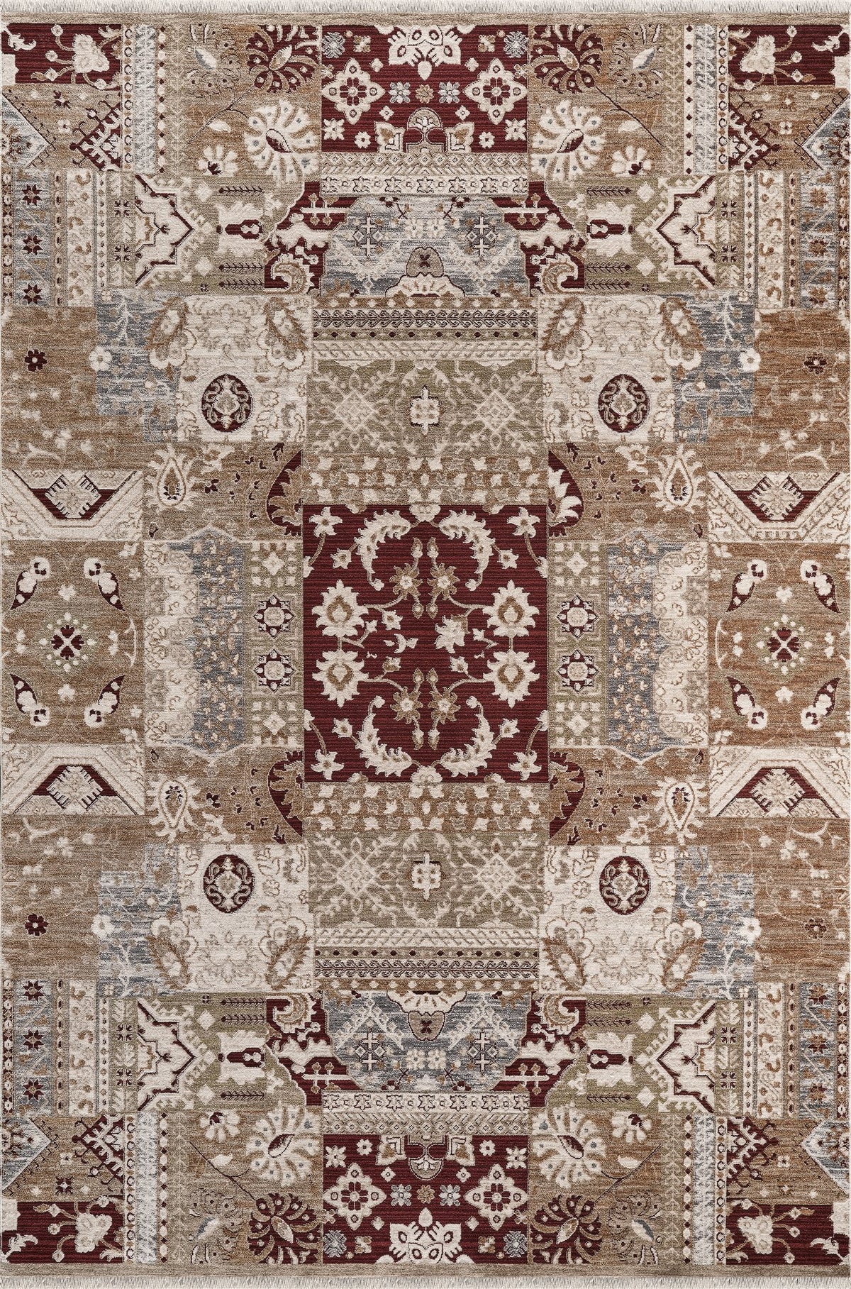 Royal Halı Armonika YT13A kahve zeminli patchwork klasik ve etnik blok desenli bordo vurgulu kendinden saçaklı halı