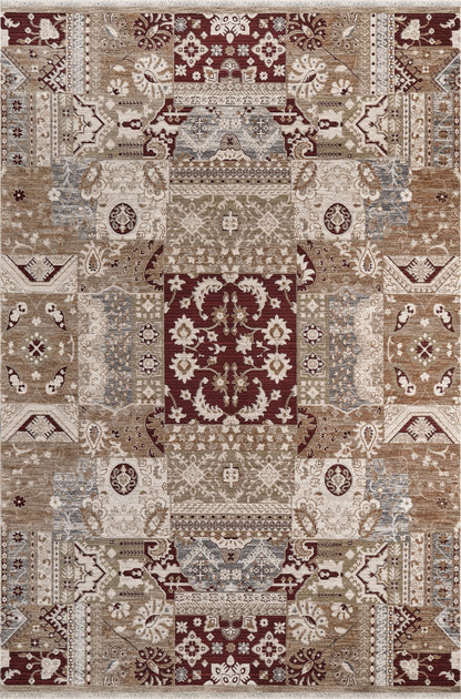 Royal Halı Armonika YT13A kahve zeminli patchwork klasik ve etnik blok desenli bordo vurgulu kendinden saçaklı halı