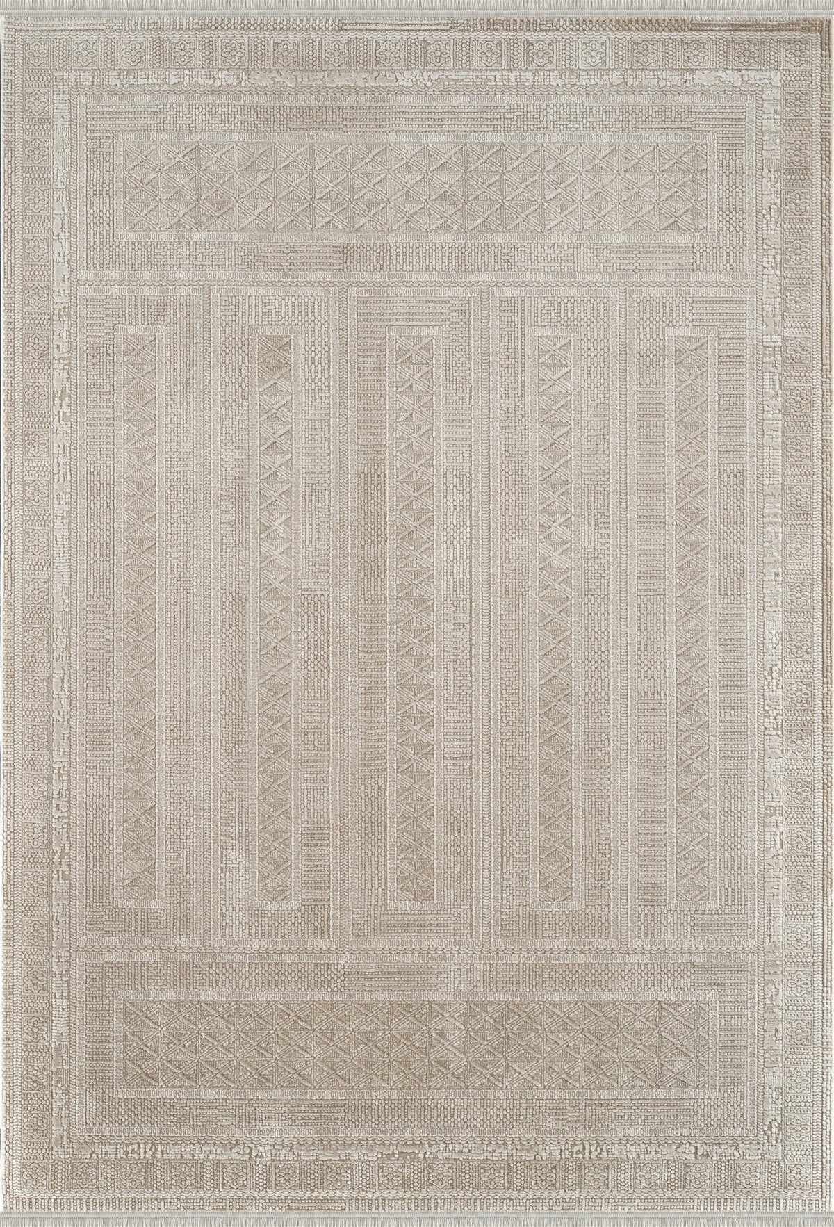 Royal Halı Luce ZL10A krem bej zeminli kabartma etnik geometrik desenli çerçeveli modern halı
