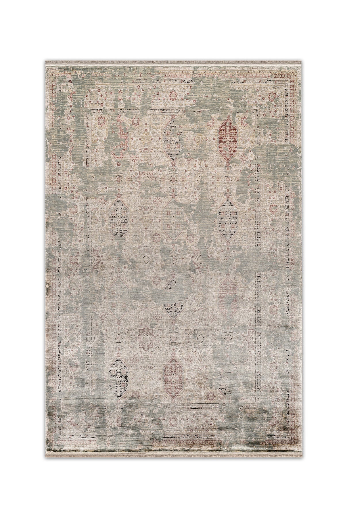 Atlas Halı Degrade DG07A gri yeşilimsi zeminli kiremit elmas madalyonlu soluk eskitme oryantal desenli halı