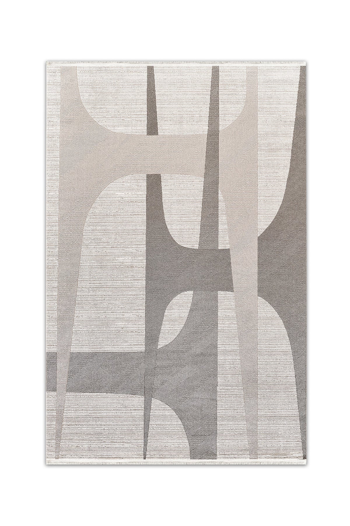 Atlas Halı Dore DU07A krem ve gri zeminli mid-century soyut kavisli geometrik desenli modern halı