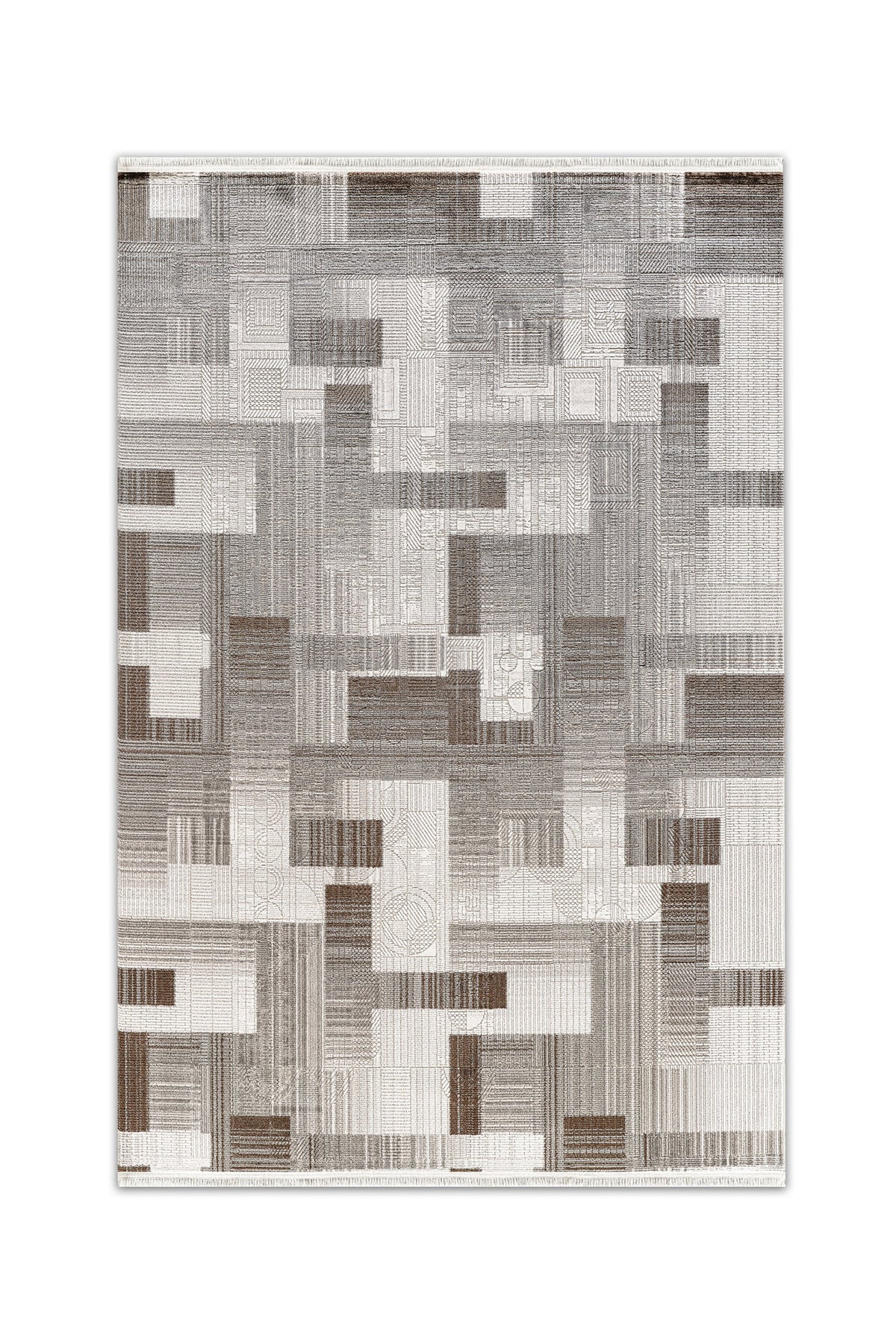 Atlas Halı Dore DU09A gri ve kahve zeminli kabartma patchwork blok desenli modern halı