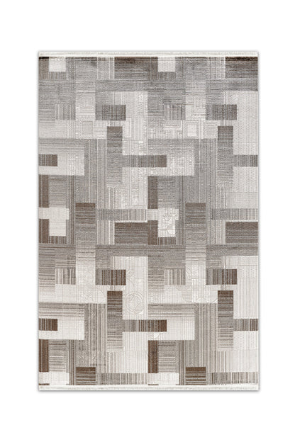 Atlas Halı Dore DU09A gri ve kahve zeminli kabartma patchwork blok desenli modern halı