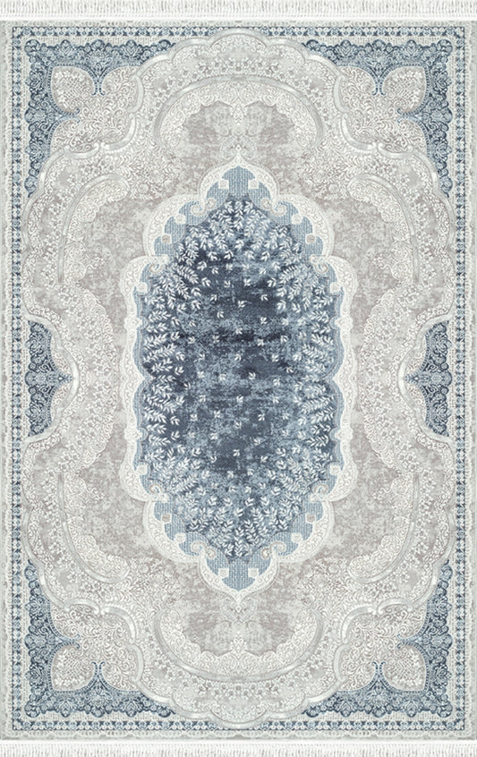 Merinos Halı Rodin 19777 036 Krem Mavi – Madalyonlu Klasik Halı