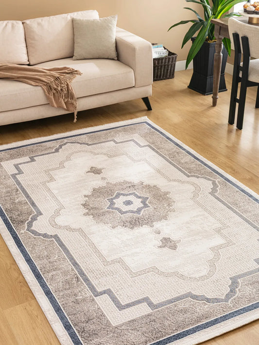 Tuğra Halı Bloom BM04 Krem Mavi Salon Halısı - Efta Halı