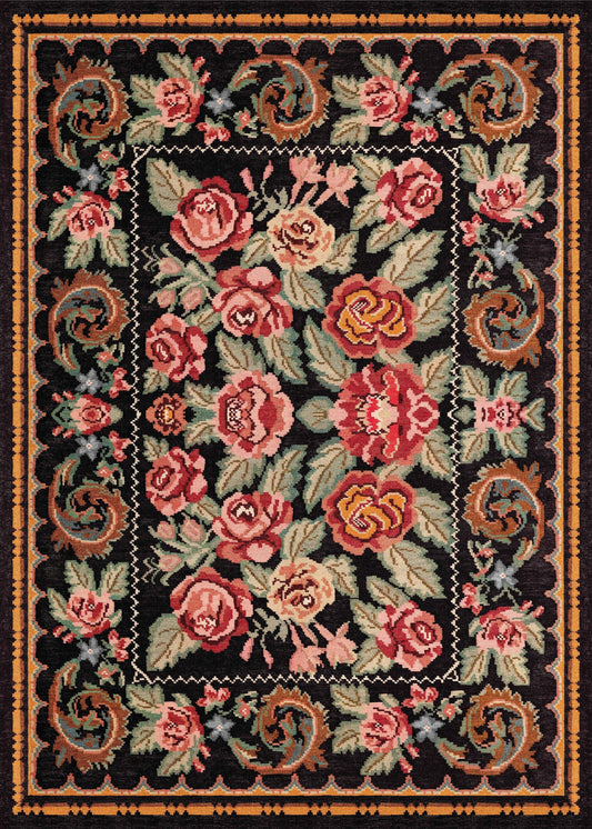 Eko Halı ELISTA VINTAGE ELS 207 Siyah Çok Renkli Vintage Tasarımlı Yumuşak Bukle Dokuma Kaymaz Tabanlı Yıkanabilir Modern Halı