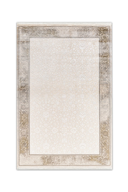 Atlas Halı Hisar HZ02A krem ve bej zeminli klasik damask desenli eskitme altın-gri geniş bordürlü halı