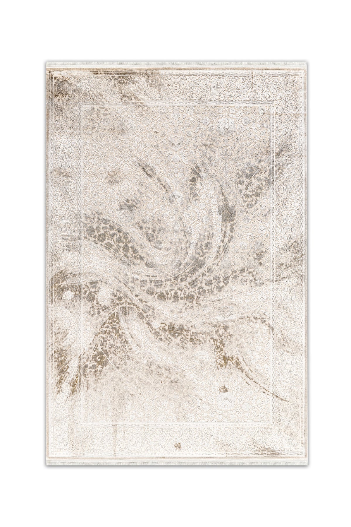 Atlas Halı Hisar HZ04A krem ve gri zeminli eskitme klasik damask soyut geçişli haki vurgulu halı