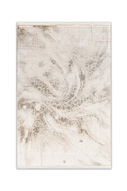 Atlas Halı Hisar HZ04A krem ve gri zeminli eskitme klasik damask soyut geçişli haki vurgulu halı