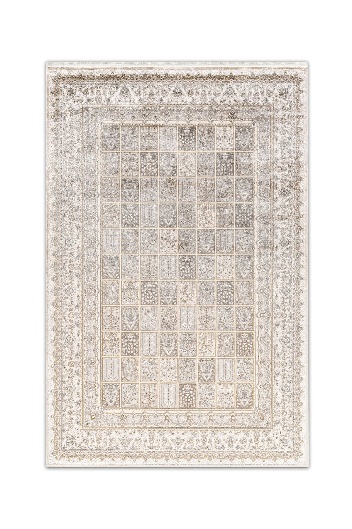 Atlas Halı Hisar HZ09A krem ve gri zeminli klasik bahçe panel kare ızgara oryantal çiçekli bordürlü halı