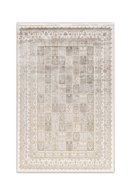 Atlas Halı Hisar HZ09A krem ve gri zeminli klasik bahçe panel kare ızgara oryantal çiçekli bordürlü halı