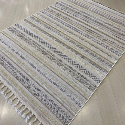 Meridyen Serisi Bej-Beyaz Şönil Kilim | Kaymaz Tabanlı, Yıkanabilir Halı